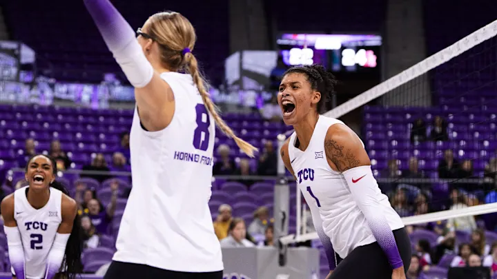 Stephanie celebrating a point at TCU in Big 12 play